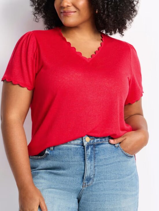 bobeau Tops - Bobeau Avalon V Neck Scallop Trim Tee 1X